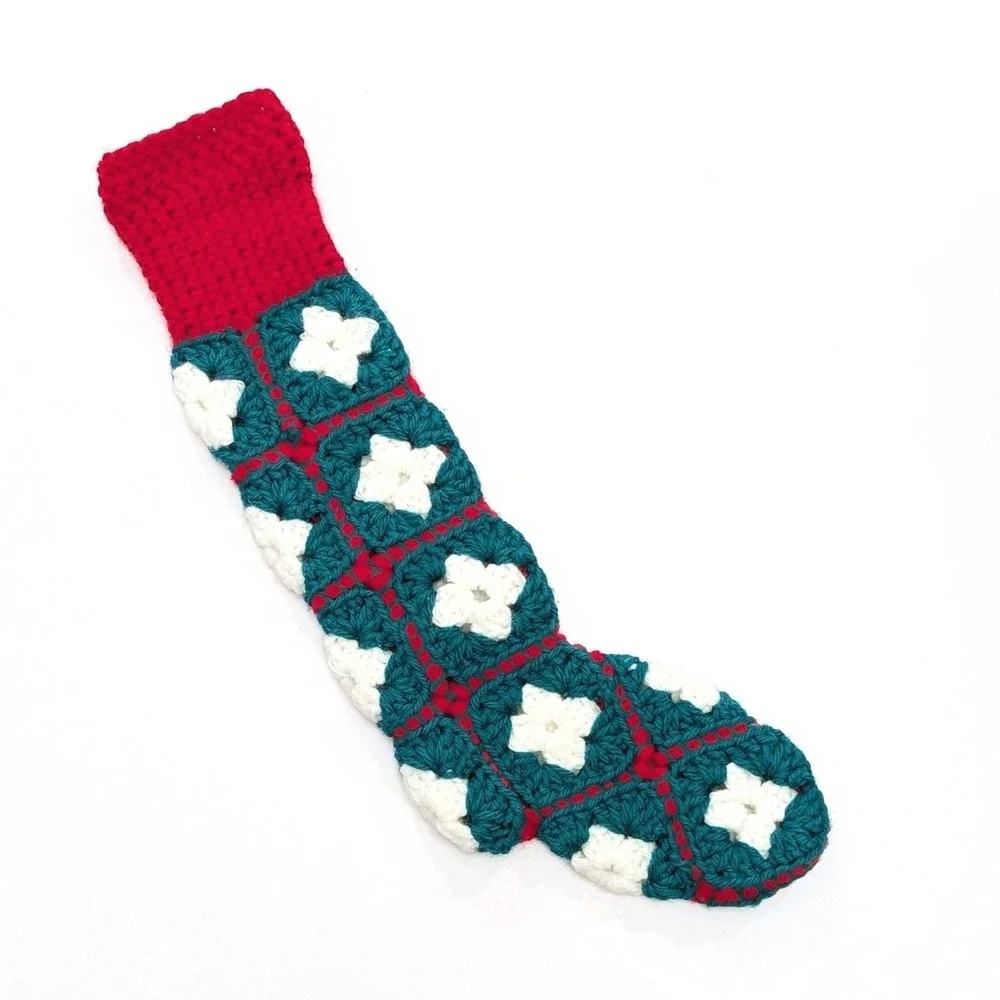 Vintage Granny Square Christmas Stocking Handmade Crochet Red Green White Yarn
